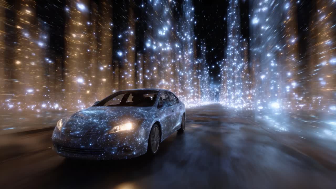 Een futuristische auto rijdt door een schitterende, verlichte gang vol glinsterende lichten en een sterrenontwerp, waarbij technologie en verbeelding naadloos in elkaar overlopen