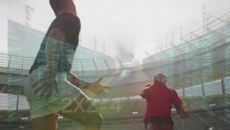 animación del procesamiento de datos sobre jugadores de rugby en el estadio