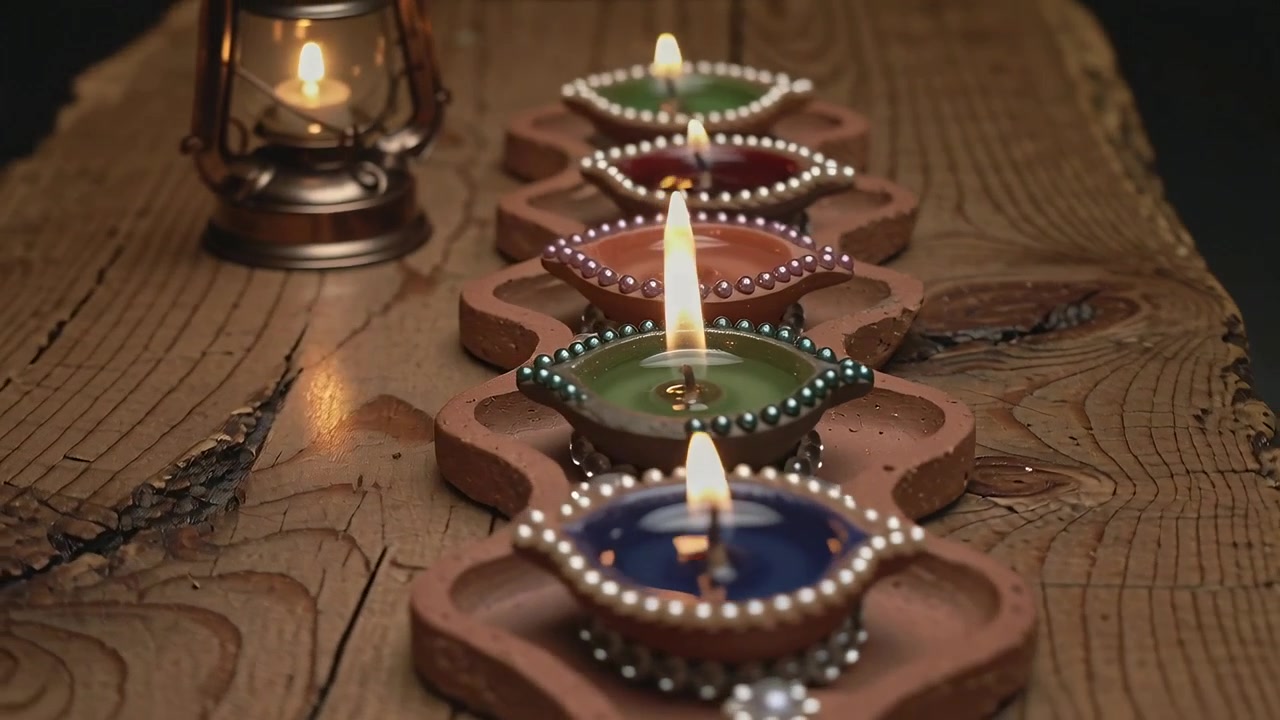 Moving camera revealing four burning tealights on wavy clay base, pearl beads, wood plank, lantern