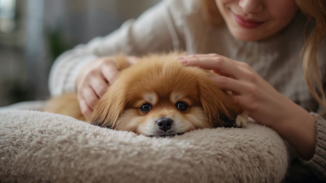 Donna che indossa un maglione accarezza un cane morbido su un letto di peluche a casa, calmando il cane per farlo addormentare