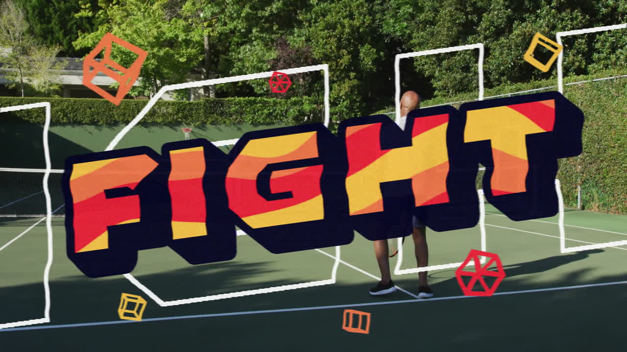 Woman and man practicing tennis on court with net, showcasing animated FIGHT graphic for health