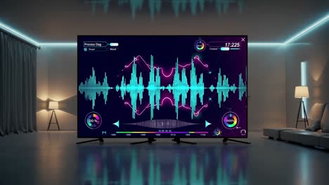 modern smart tv displaying audio visualizer in a living room