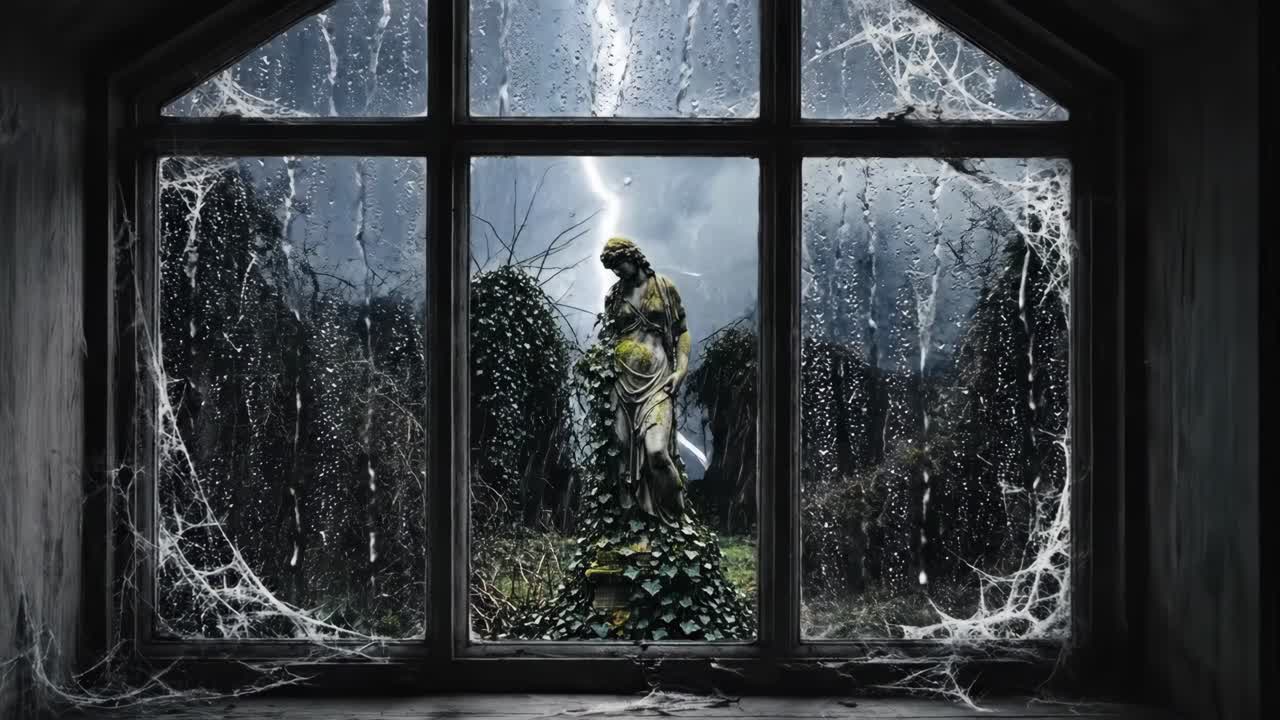 Gloomy Statue View Through a Window on a Rainy Day