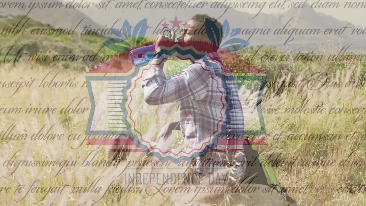 animación del texto del día de la independencia sobre un hombre afroamericano sentado y bebiendo agua