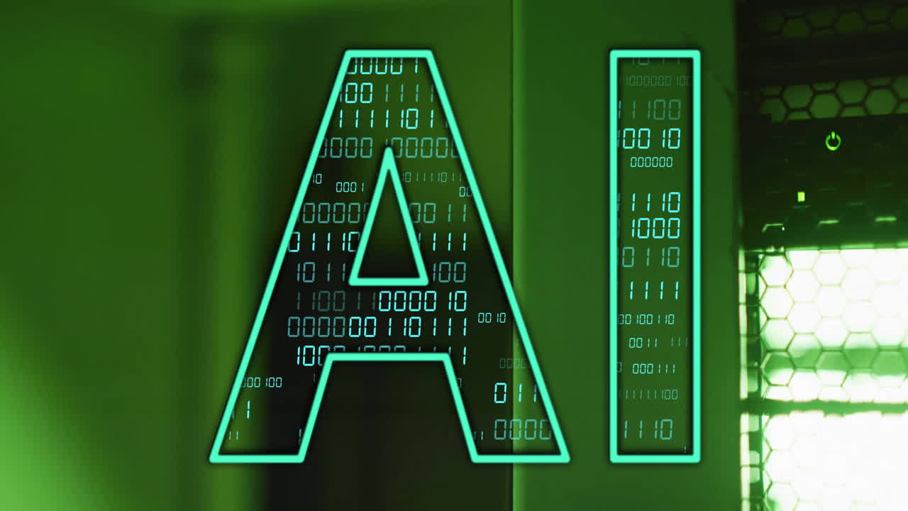 AI text with binary code animation over green background
