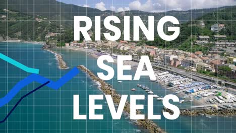 Rising-Sea-Levels-text-and-blue-graphs-moving-against-coastline-with-harbor-