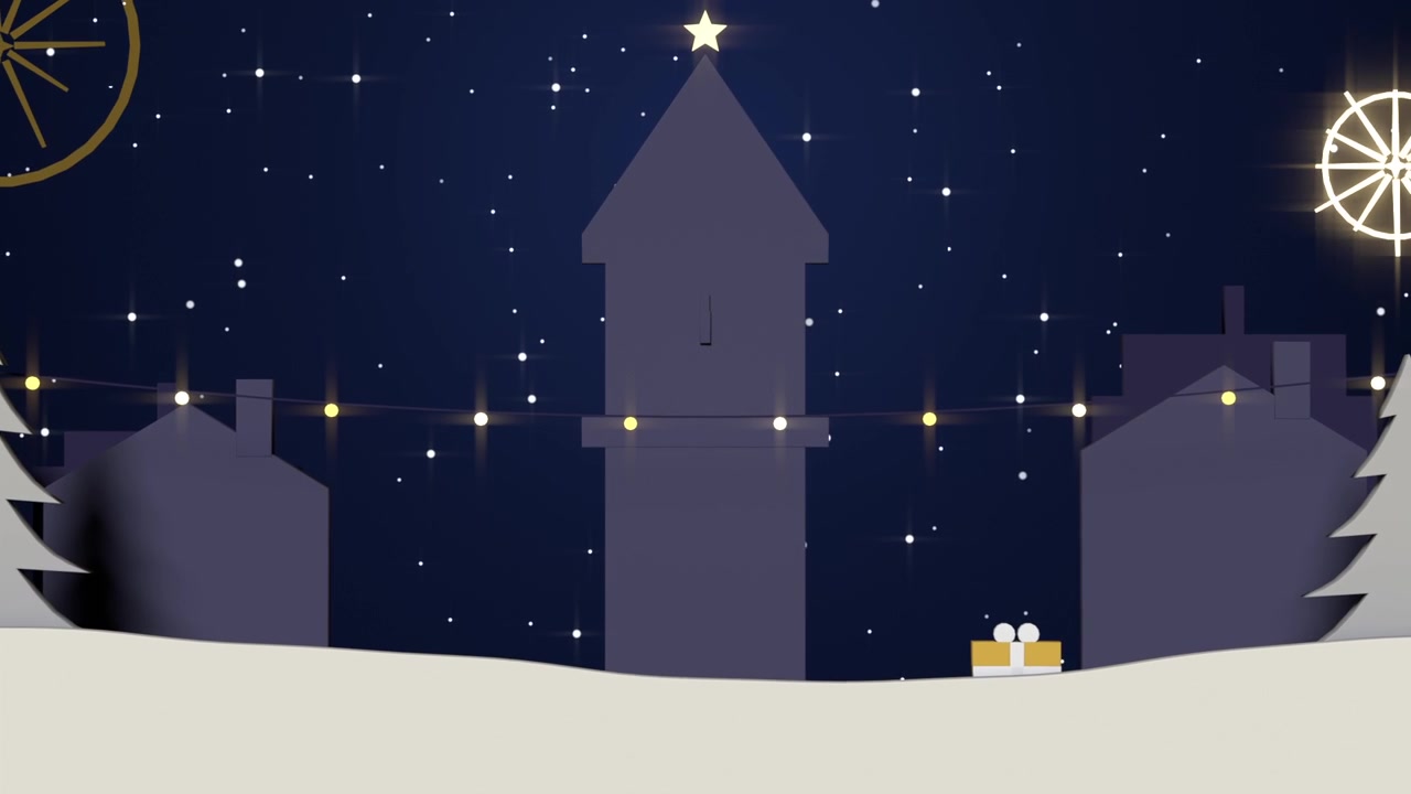 Comparsa di una fila di lampadine che si illuminano lungo un villaggio invernale, la torre ottiene una stella, rivelazione festiva