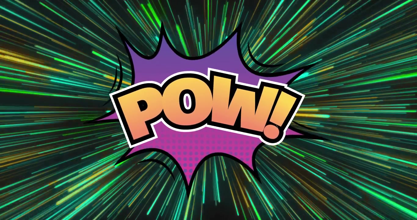 Animation of pow text over light trails on black background