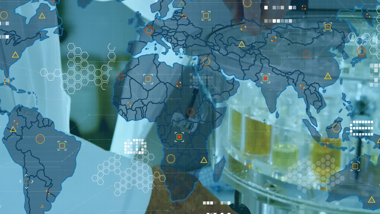 Processing data animation over world map in laboratory setting with scientists