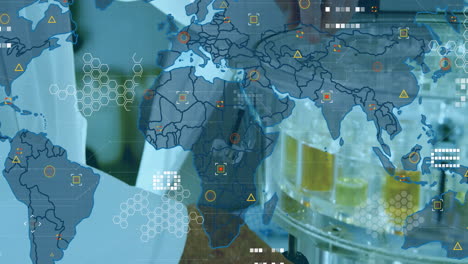 processing data animation over world map in laboratory setting with scientists