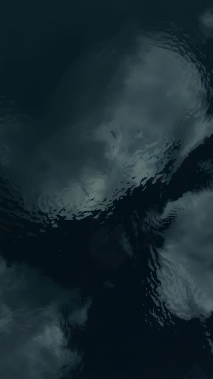 Vertical video: Rippling dark water reflecting clouds at pond from breeze, with small wavelets