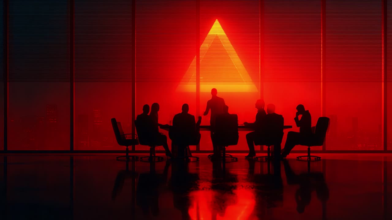 A Dimly Lit Conference Room with Silhouetted Figures Engaged in Discussion, Illuminated by a Red Pyramid Backdrop, Creating an Air of Mystery and Intrigue in the Business Environment