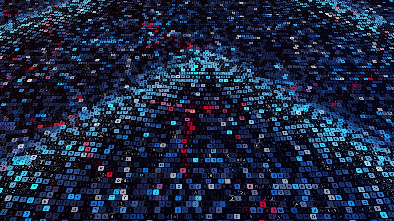 Abstract motion waving texture with numbers and letters replacing each other. Animation. Cyber or technology digital background