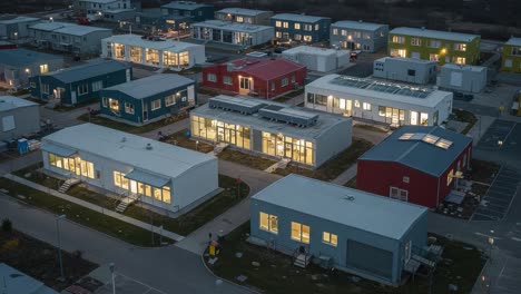 aerial view of modern housing development at dusk, featuring colorful energy-efficient modular homes with illuminated interiors and well-planned urban layouts