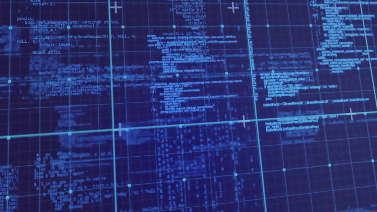 animación del procesamiento de datos sobre la cuadrícula sobre fondo azul