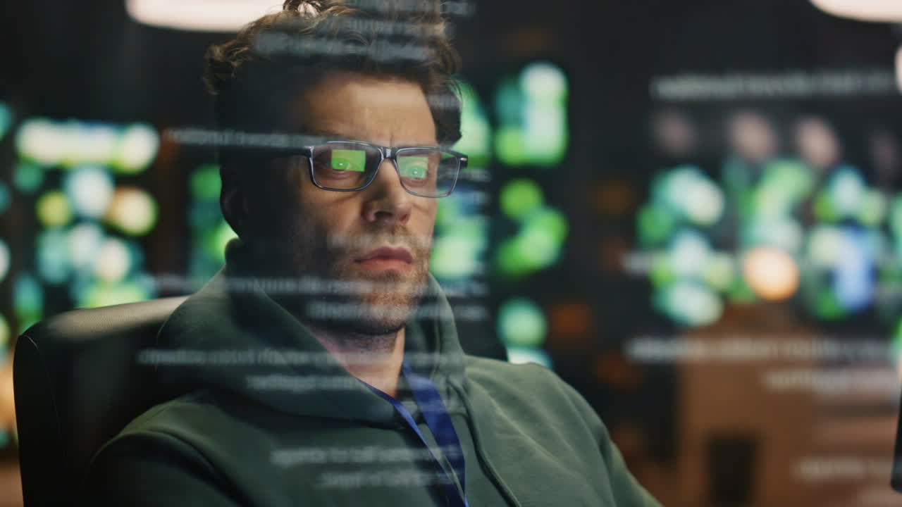 System engineer hands coding keyboard working computer in data hologram closeup