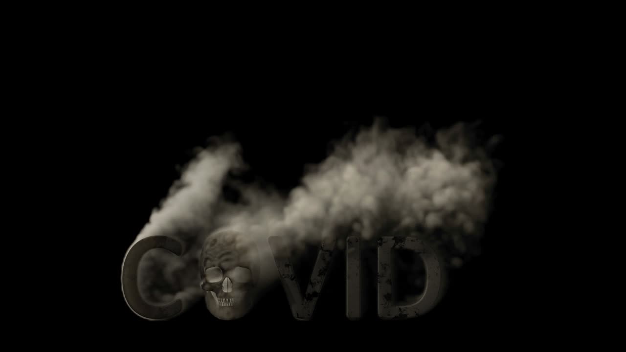 Text covid with skull smoking on black bg, isolated - loop video