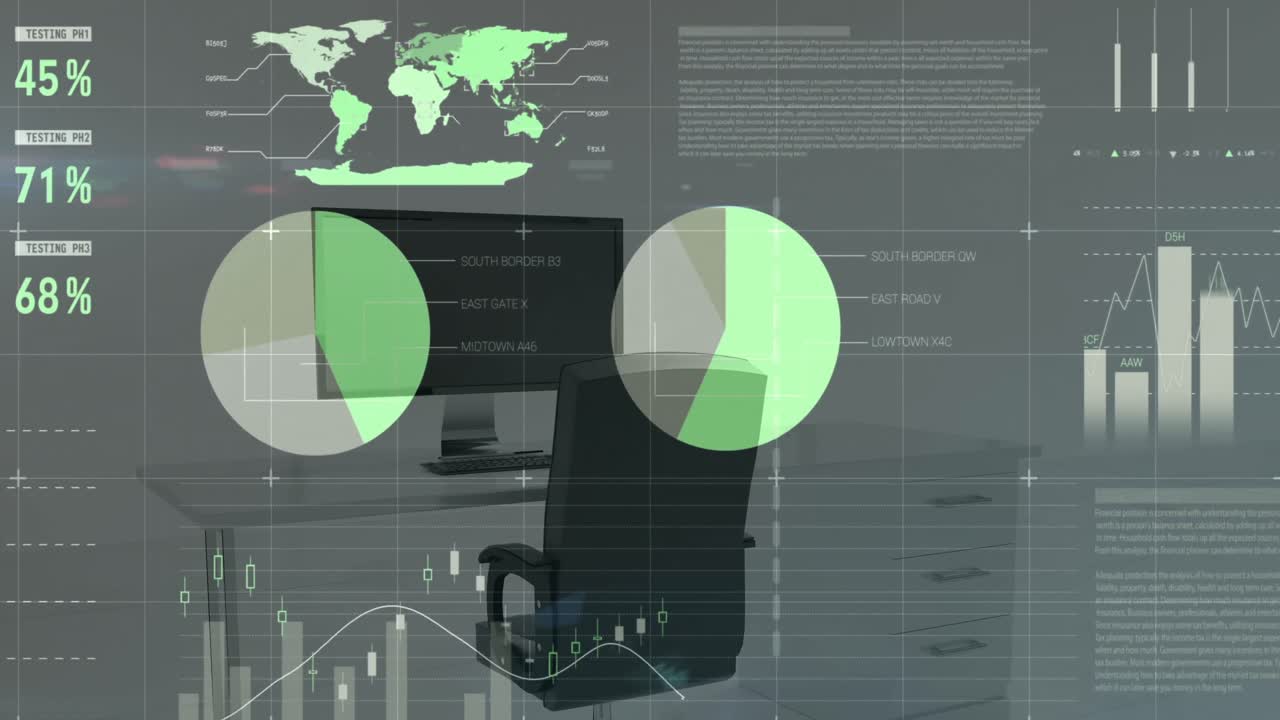 animación del procesamiento de datos estadísticos frente a una oficina vacía