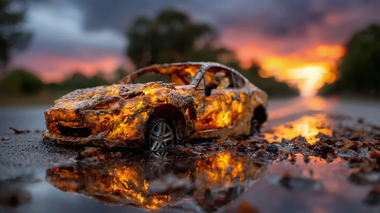 A Rusted Model Car Glows with Fiery Colors at Dusk, Resiliently Resting on a Reflective Road Amidst a Stunning Sunset, Capturing the Beauty of Decay