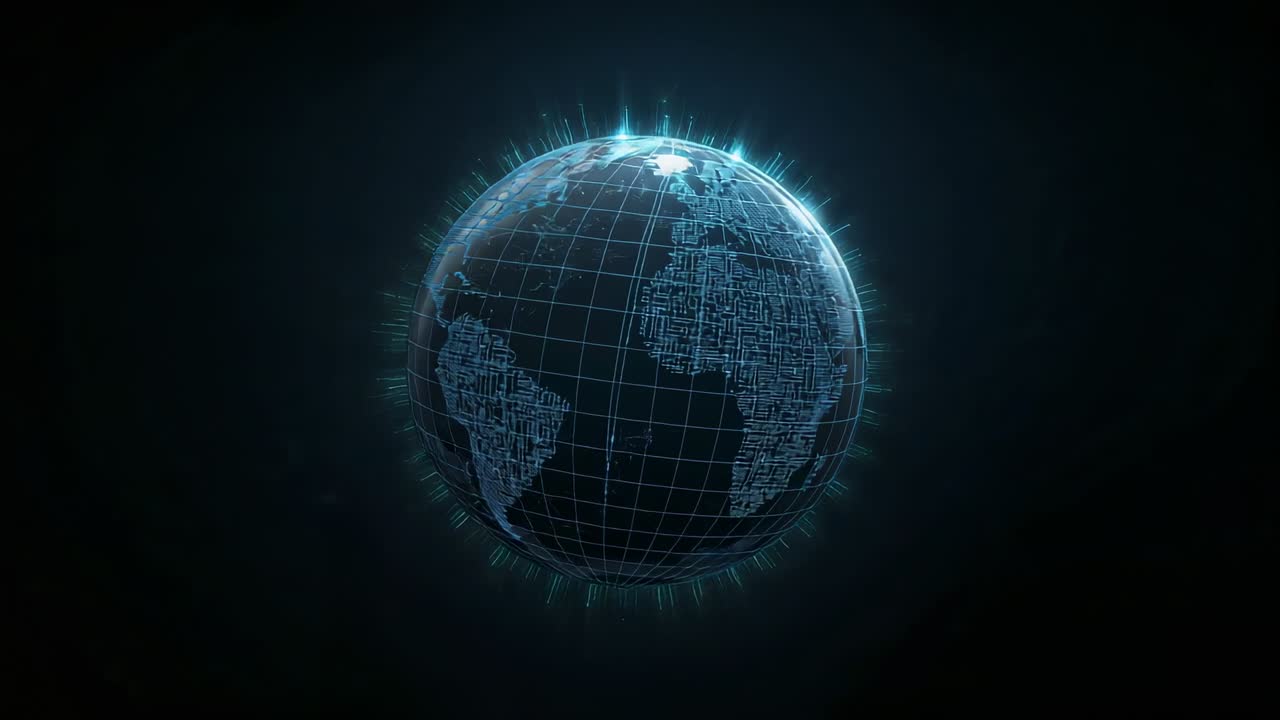 Advancing frames showing digital globe rotating slowly in black void, mapping data via grid lines