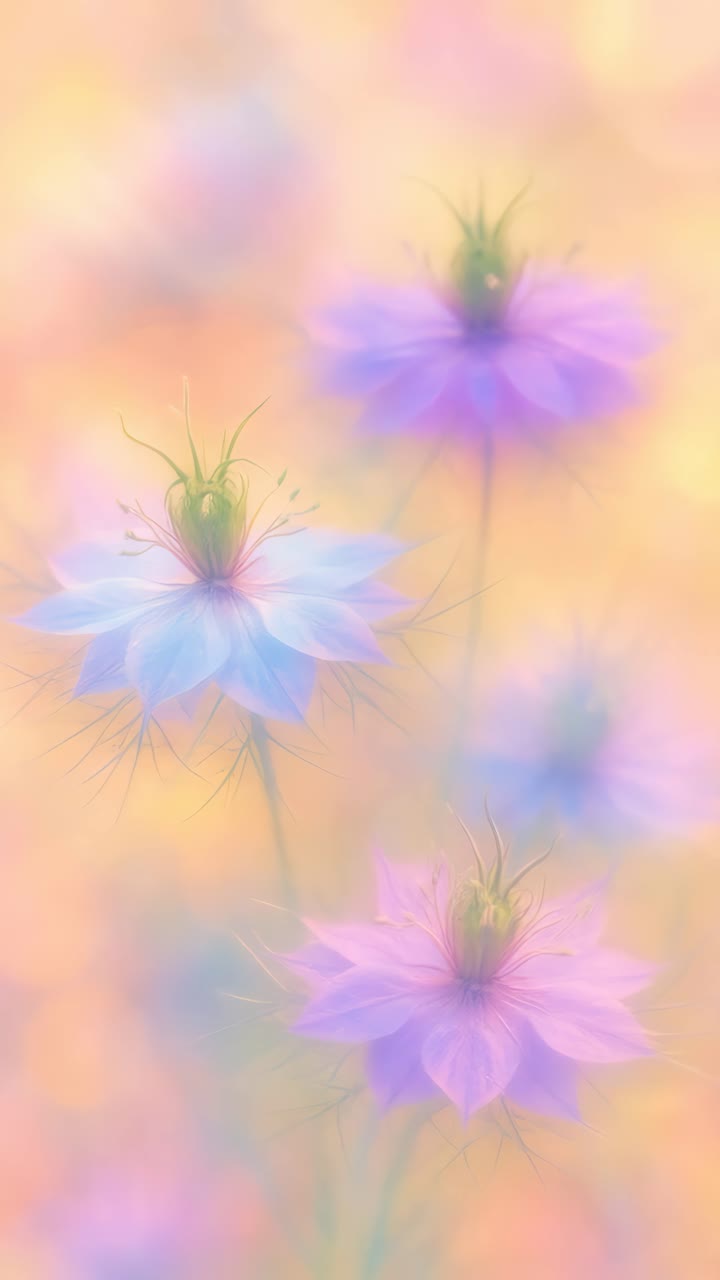 Soft-focus video still of delicate pastel flowers, captured from a low angle, creating a dreamy