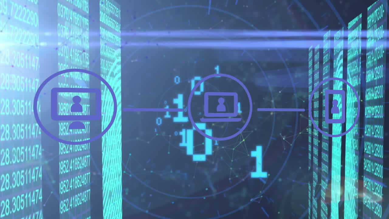 Animation of data processing and icons over binary coding