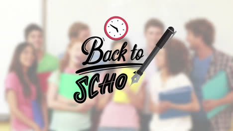 mensaje de regreso a la escuela rodeado de iconos con el maestro y los niños