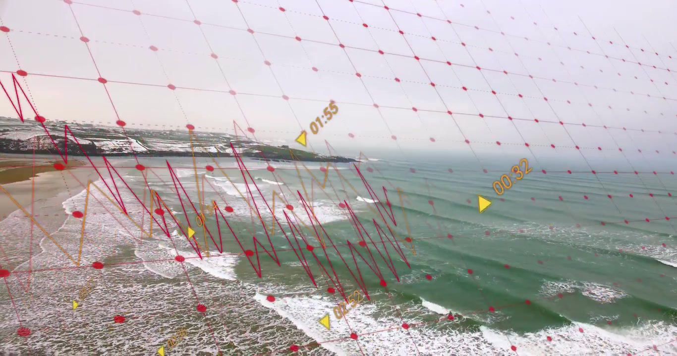 Animation of data processing over aerial view of sea waves and the beach