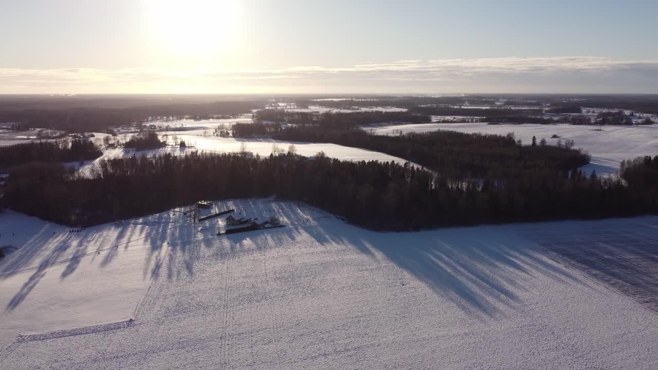 Drone footage of a serene winter sunset in Krimulda, Latvia. Long tree shadows stretch across snowy fields under a golden sky, creating a peaceful and expansive rural landscape in soft light.