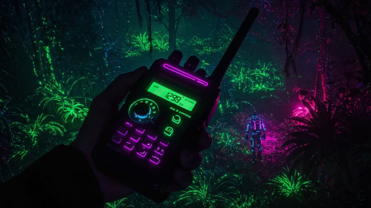 A futuristic handheld communication device in a vibrant, neon-lit jungle environment showcasing a blend of technology and nature in an immersive setting