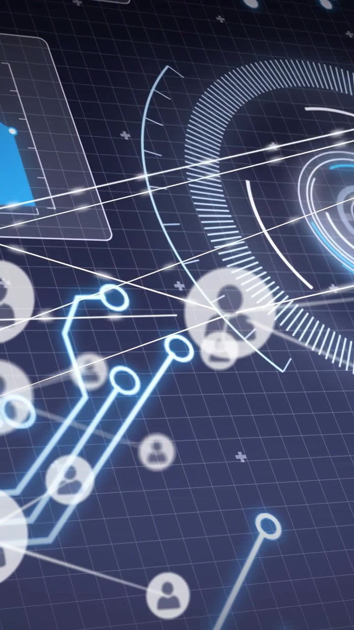 Receiving data, network HUD linking avatar badges on grid, glowing traces toward central hub