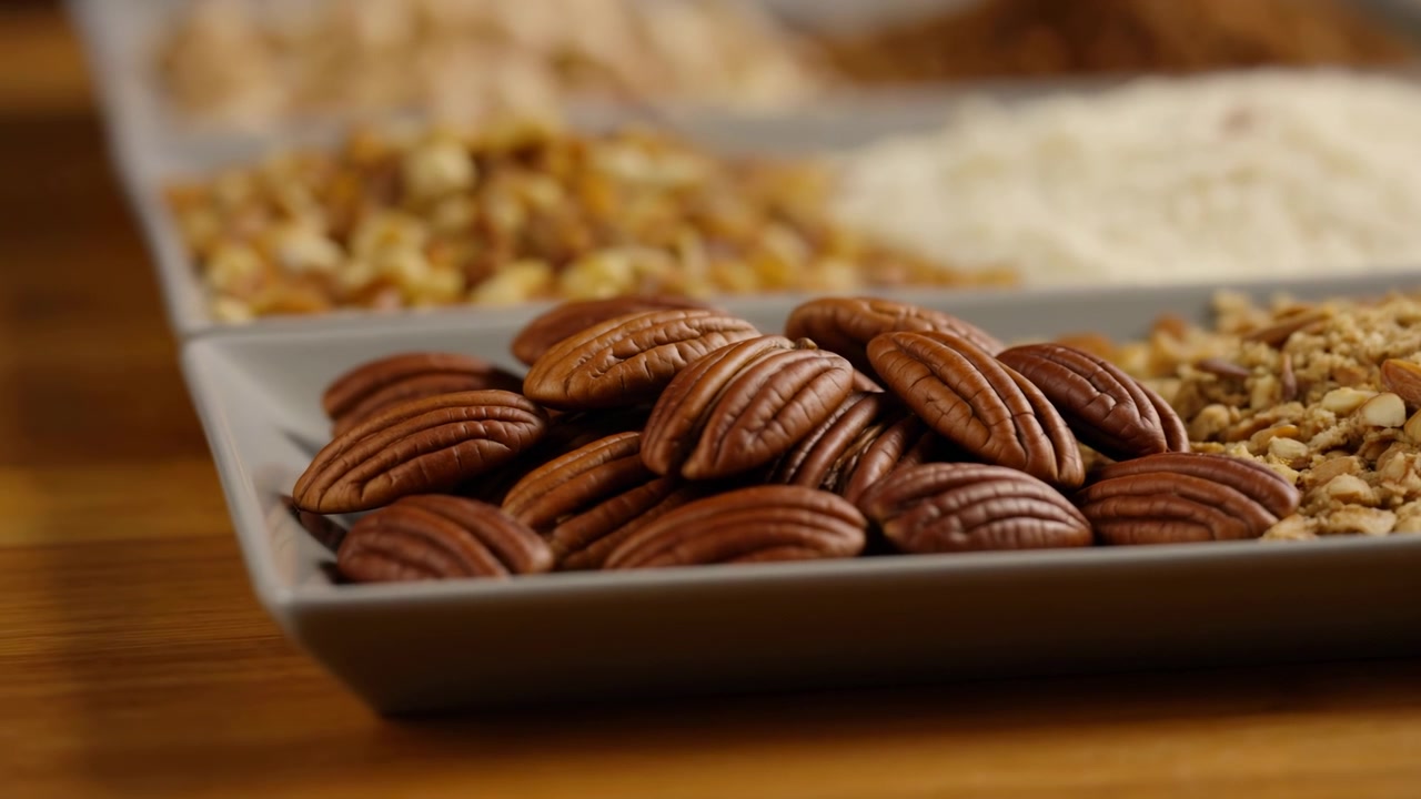 A static display of pecans in a wooden bowl on a neutral surface, surrounded by other bowls containing nuts and flour, captured from a top-down perspective, promoting healthy food.
