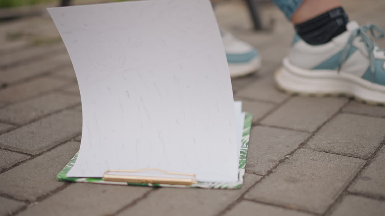 Blank notebook flipping on pavement, teal sneakers and denim ankles visible, page curls from breeze, clipboard base resting on textured brick, soft sunlight and shadow, candid street detail