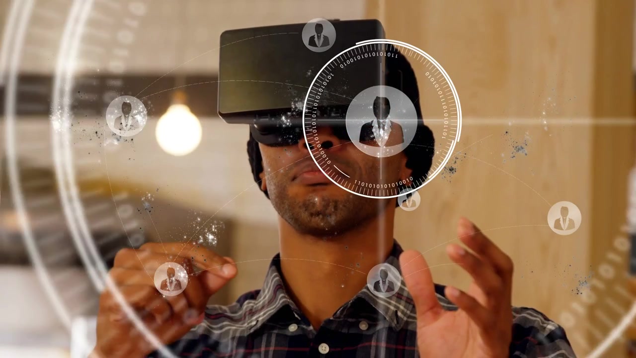 Headset activating, man in plaid shirt, knit cap manipulating holographic HUD at workspace for demo