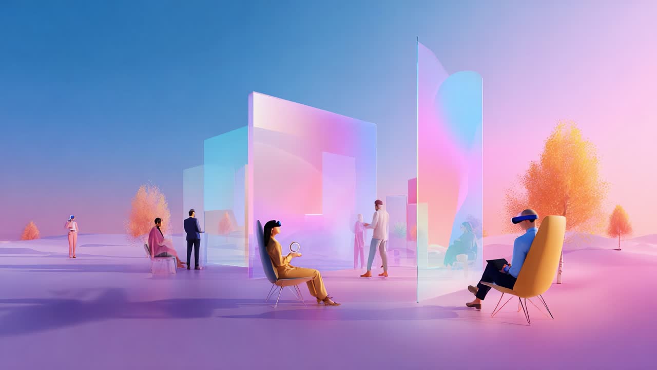 A Vibrant Digital Interaction Scene Featuring Multiple Individuals Engaged with Futuristic Artifacts in a Dreamlike Environment with Colorful Glass Structures and Soft Pastel Hues