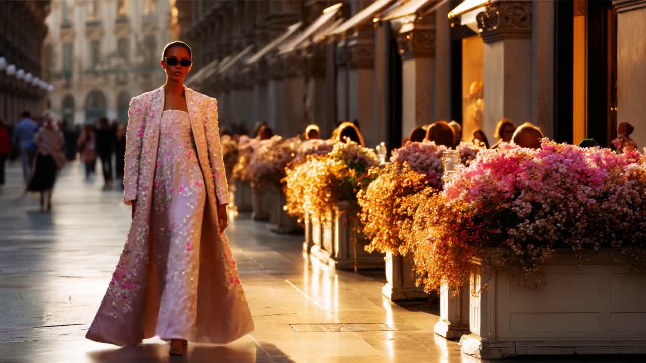 Radiant Elegance: A Model Showcases a Stunning Floral Evening Gown Amidst Vibrant Flower Arrangements in a Sunlit Urban Setting, Capturing Timeless Fashion and Grace