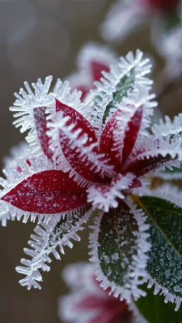 frost-covered red leaves