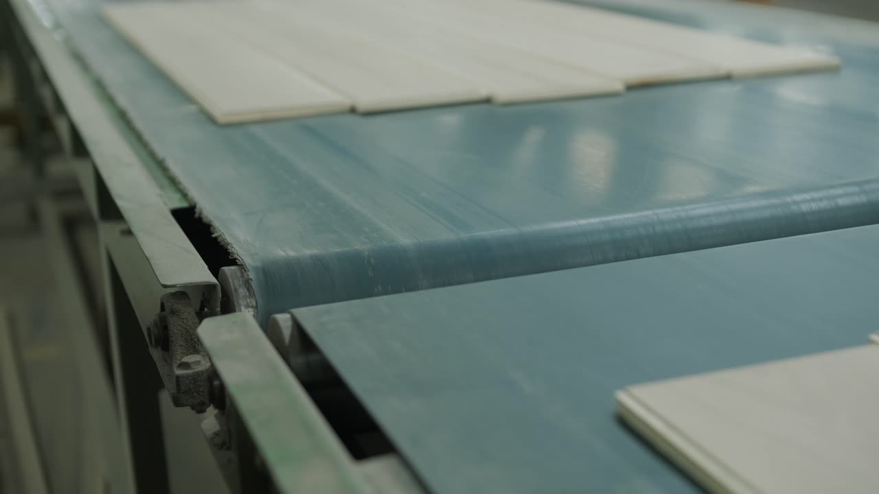 Wooden Flooring Planks Moving on Factory Conveyor Belt