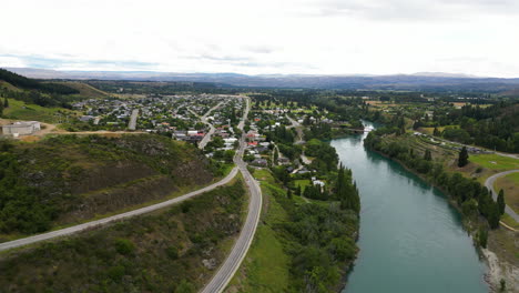 aerial view of the clutha river near the clyde dam in central otago, new zealand