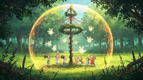enchanting celebration in nature: a captivating scene with whimsical characters, a festive tree, and playful fairies under a sunlit canopy