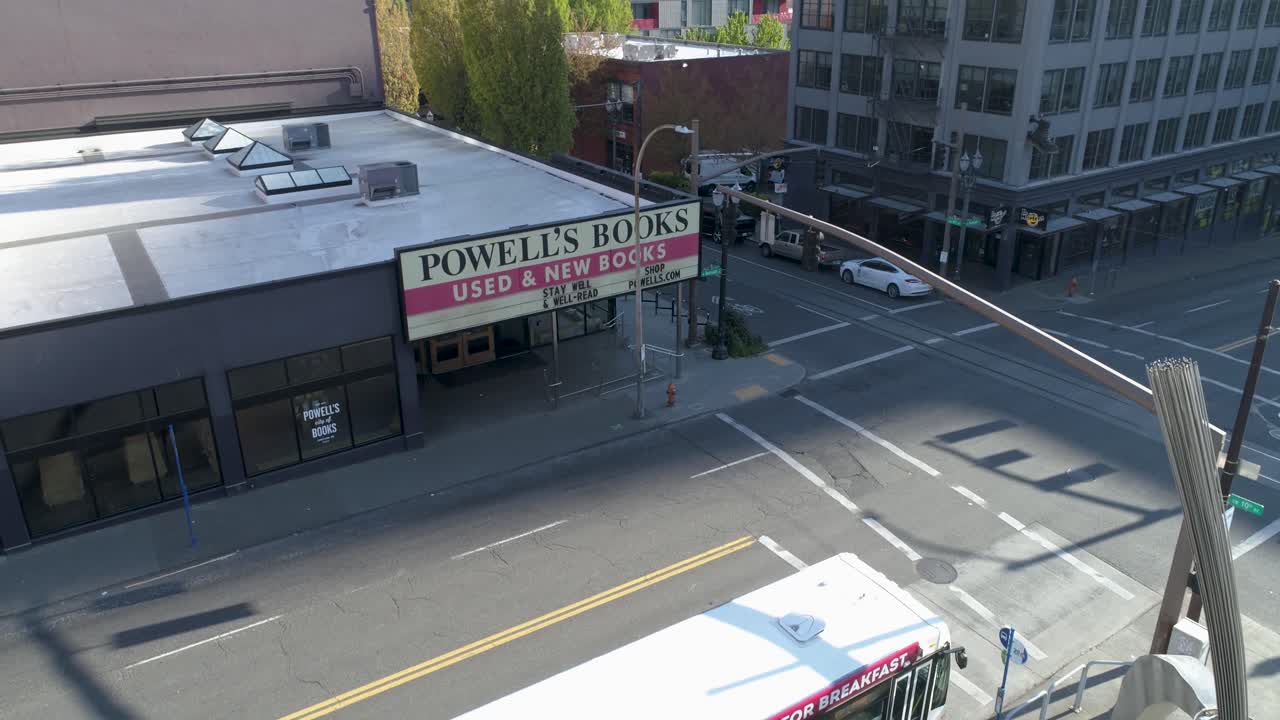 Historic aerial footage of Powell’s Books in Portland, Oregon with empty streets due to COVID-19.