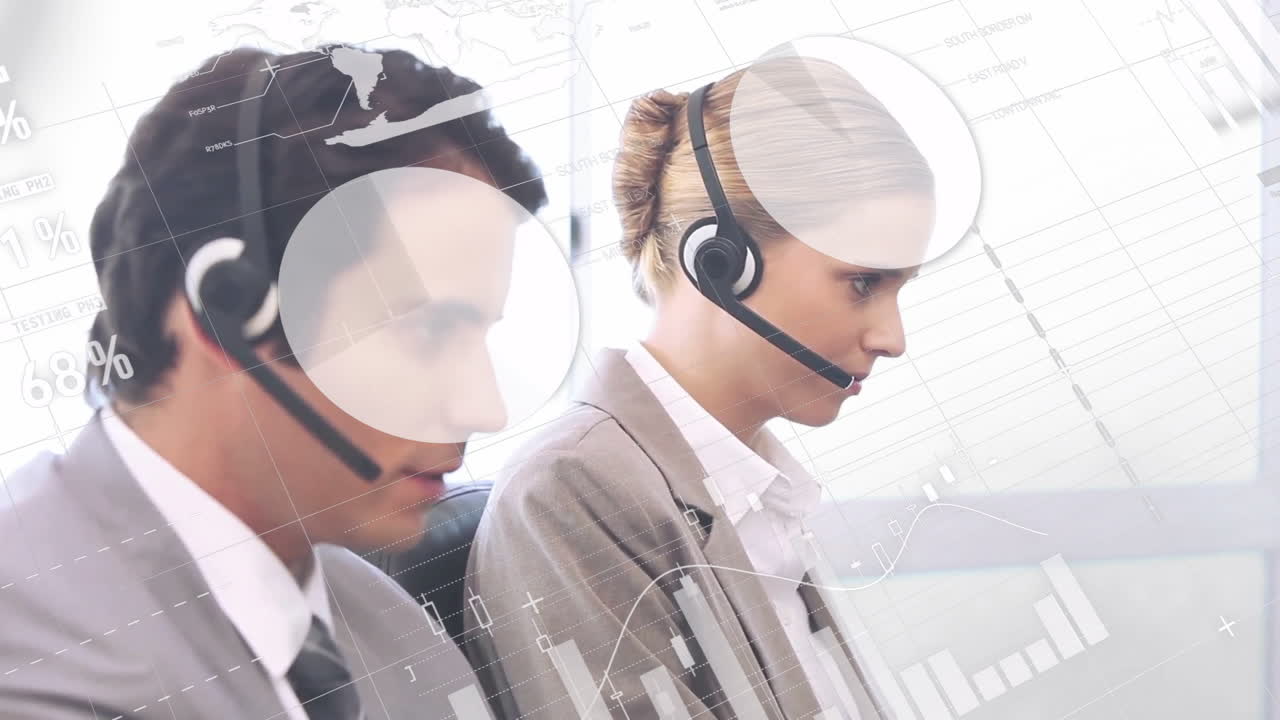 Using headsets, business professionals processing financial data animation in office