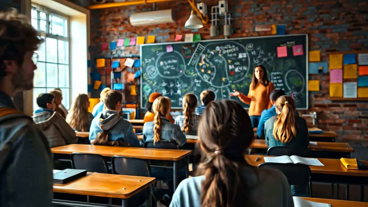 Alunos aprendendo ciências. Alunos ouvem um professor em uma sala de aula com um quadro-negro. Eles estão focados na lição que está sendo ensinada.