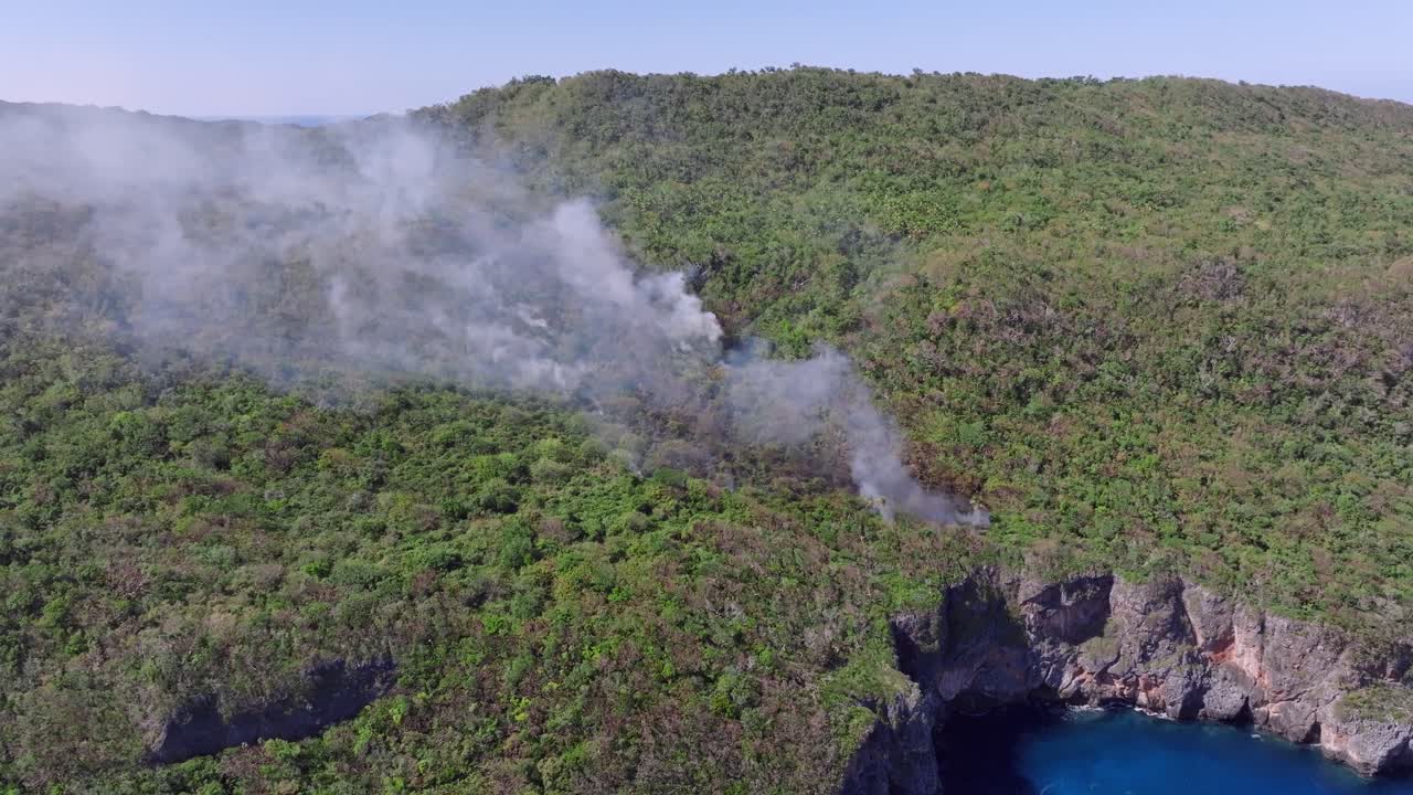열대우림 화재, 카리브해 섬 위의 큰 연기 구름, 공중 도