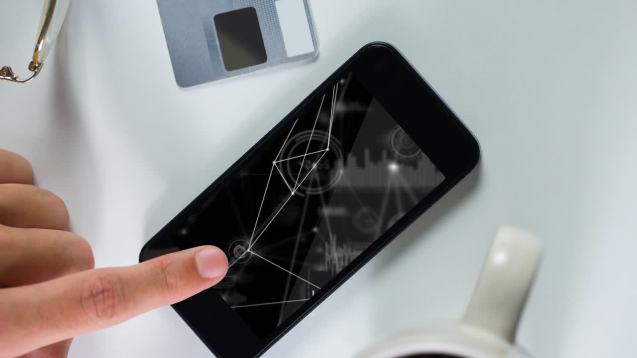 기하학적 선 4k와 함께 휴대 전화를 사용하는 사람