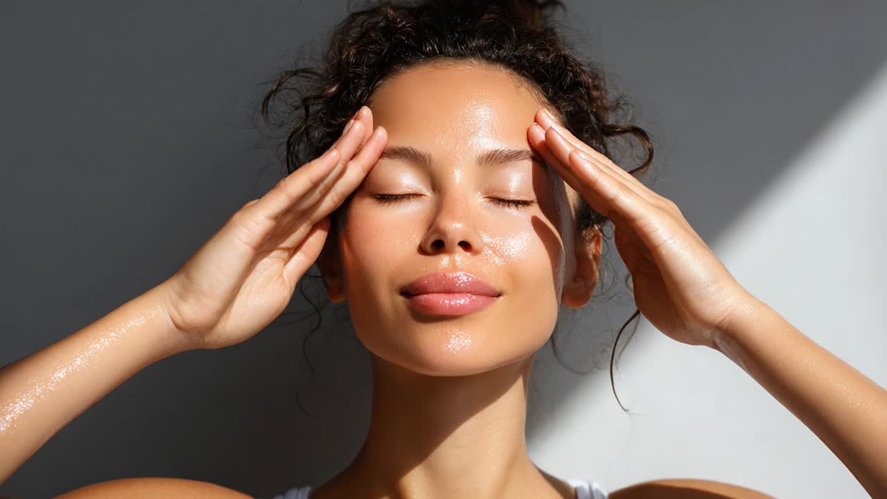 Radiant Woman Practicing Self-Care with Hands on Forehead in a Bright and Serene Environment, Highlighting Beauty and Wellness in Everyday Life
