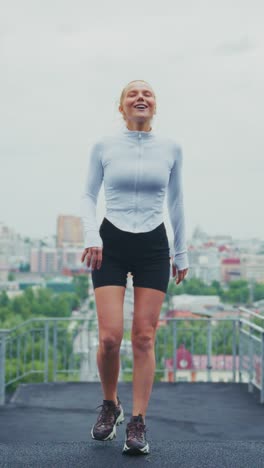 an energetic workout journey: a woman's transformation from running to joyful movement amidst a scenic urban landscape