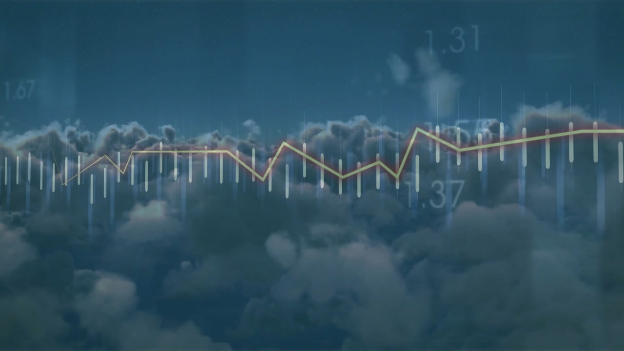 Cloud bank appearing under blue sky, bars pulsing, orange line tracing peaks with fading labels