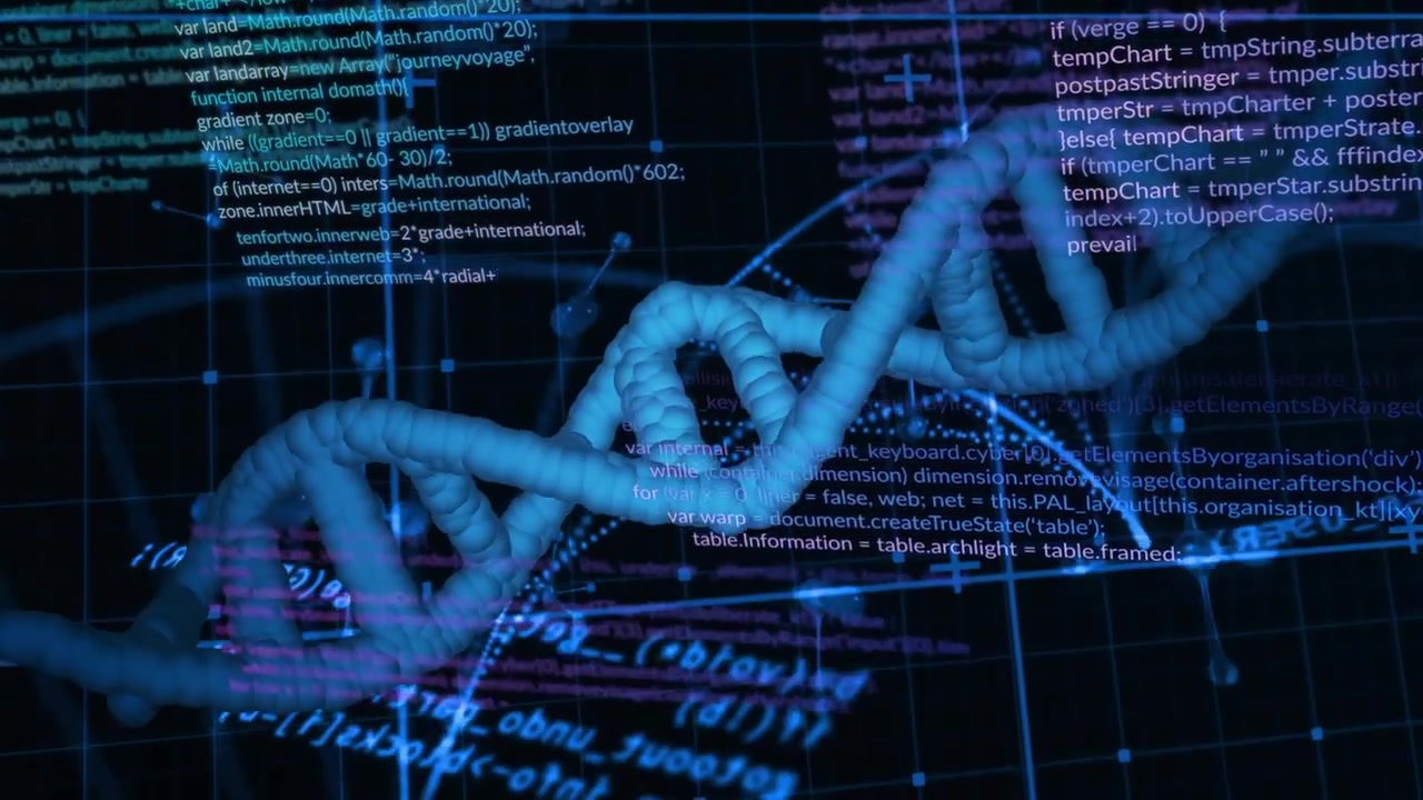 Vertical video: Appearing right 3D DNA helix moving, rotating in grid code nodes showing data links
