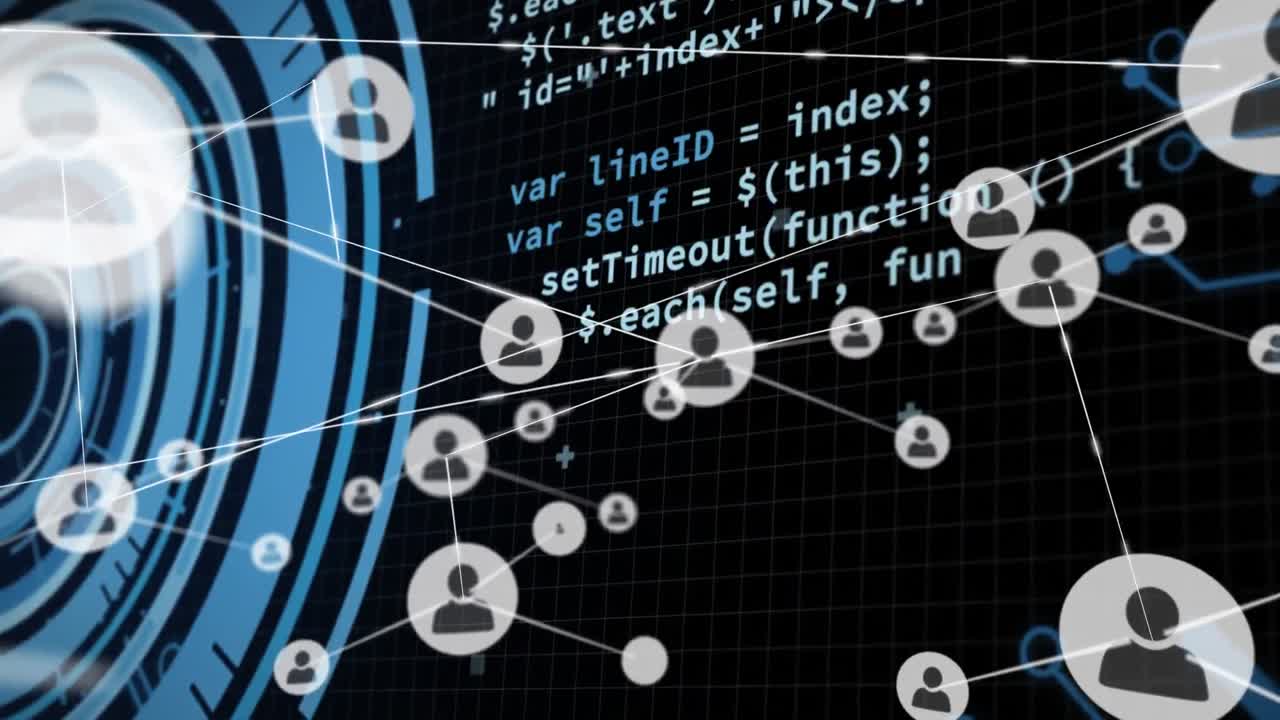 animación del procesamiento de datos y la red de conexiones sobre fondo negro